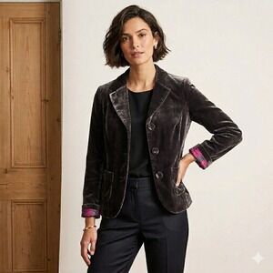Boden Silk Blend Velvet 3 Button Blazer Grey Charcoal Sz 6 Dark Academia Office